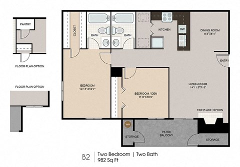 Floor plan for 2 beds, 2 baths, 982 sqft